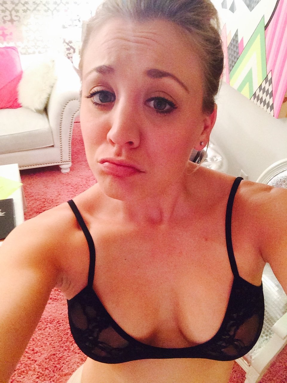 sexy kaley cuoco makes a sad face in black bra leaked selfie